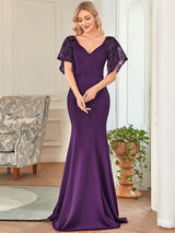ever SLOANE|Sexy V Neck Maxi Bodycon Evening Dress with Flare Sleeves