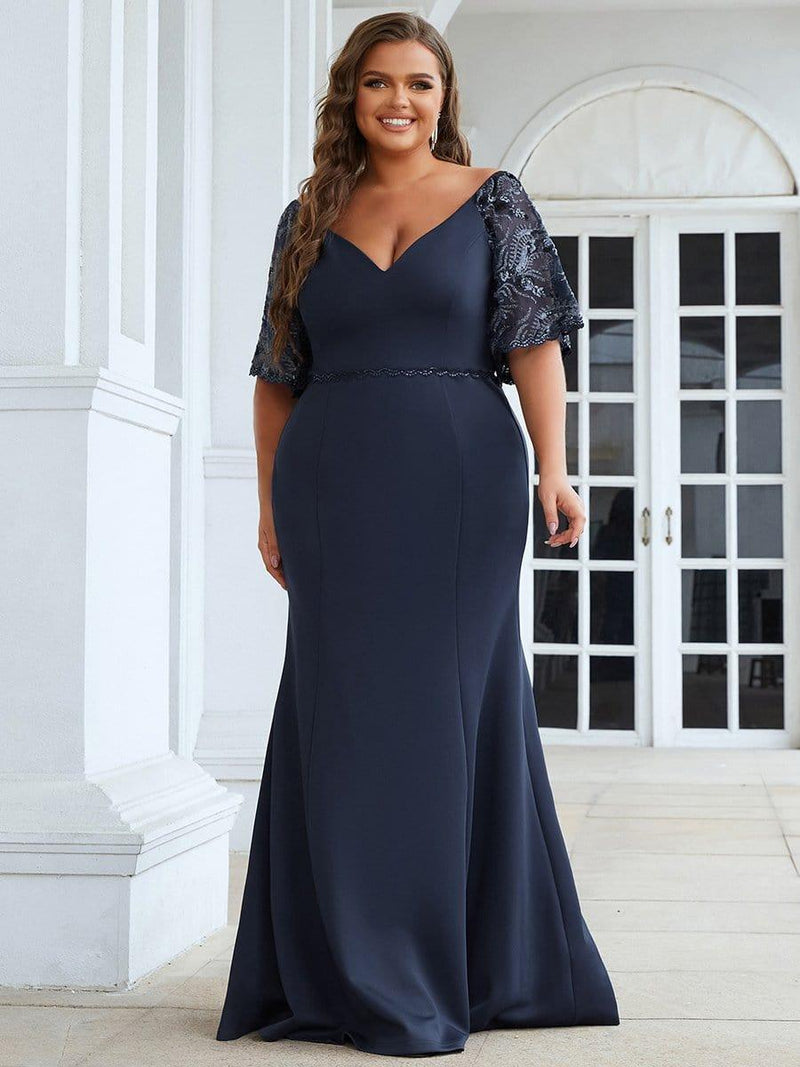 pretty SLOANE|Elegant Plus Size V Neck Fishtail Evening Dress for Women