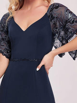 ever SLOANE|Sexy V Neck Maxi Bodycon Evening Dress with Flare Sleeves