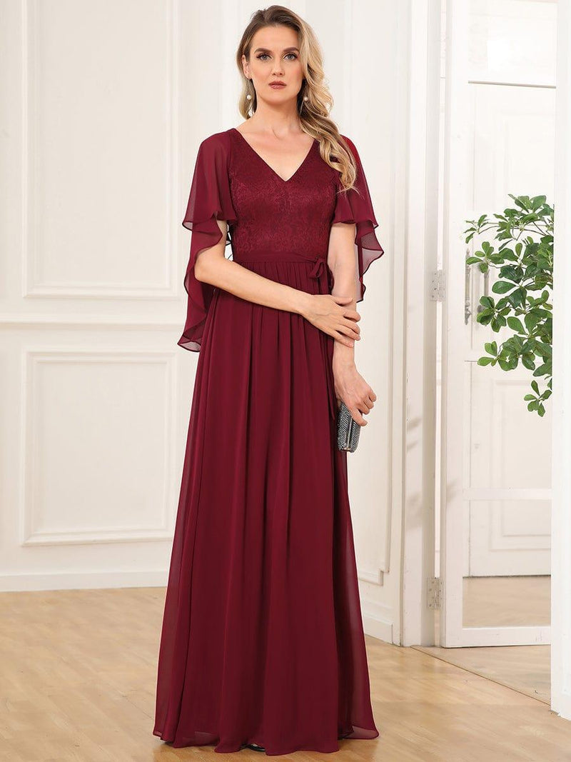 Deep V Neck Lace Bodice Long Flowy Evening Dress