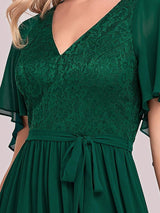 Deep V Neck Lace Bodice Long Flowy Evening Dress