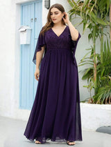 Plus Size Deep V Neck Lace Bodice Long Flowy Evening Dress