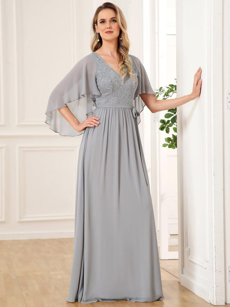 Deep V Neck Lace Bodice Long Flowy Evening Dress