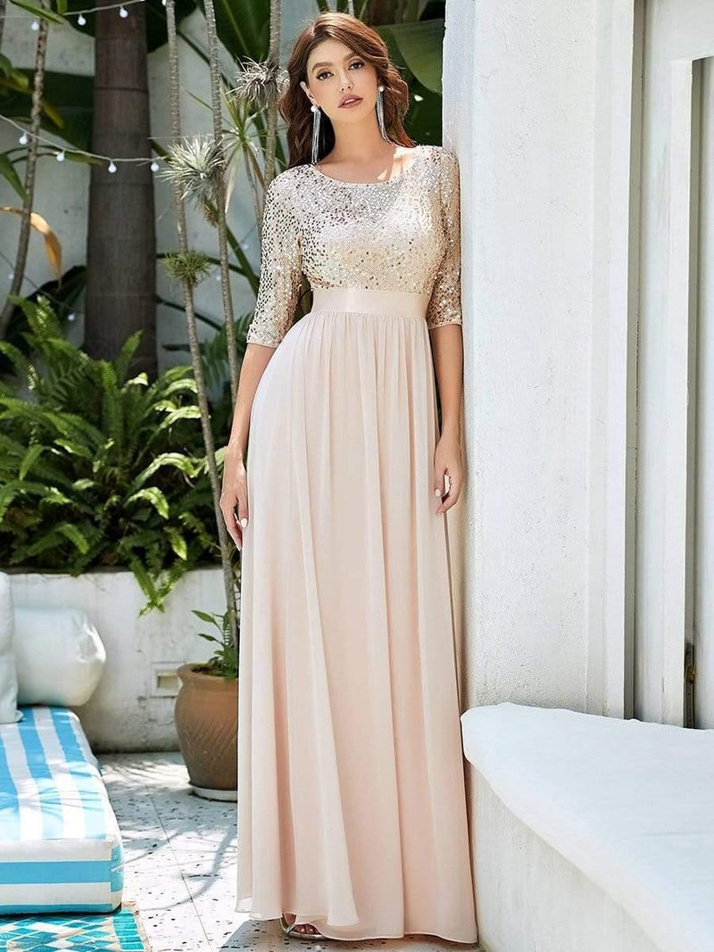 ever FLORENCE|Elegant Round Neckline Long Sleeves Sequin Evening Dress