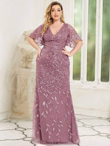 Shiny V Neck Leaf-Sequined Bodycon Formal Evening Dresses