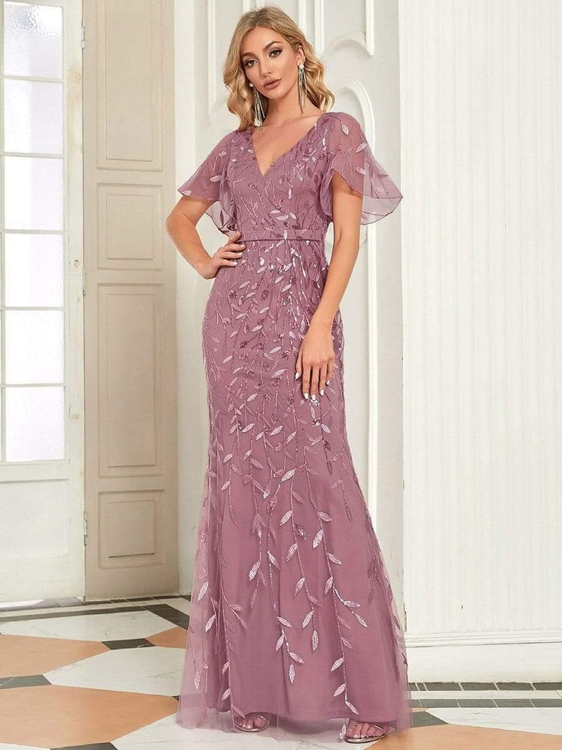Shiny V Neck Leaf-Sequined Bodycon Formal Evening Dresses