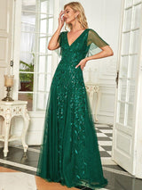 ever ASTRAL|Shimmery Ruffle Sleeves Maxi Sequin Evening Dress