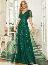 ever ASTRAL|Shimmery Ruffle Sleeves Maxi Sequin Evening Dress