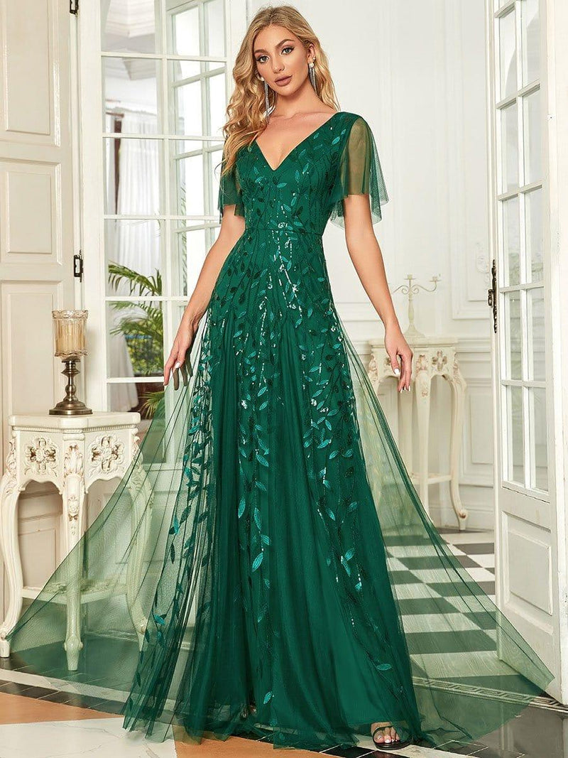 ever ASTRAL|Shimmery Ruffle Sleeves Maxi Sequin Evening Dress