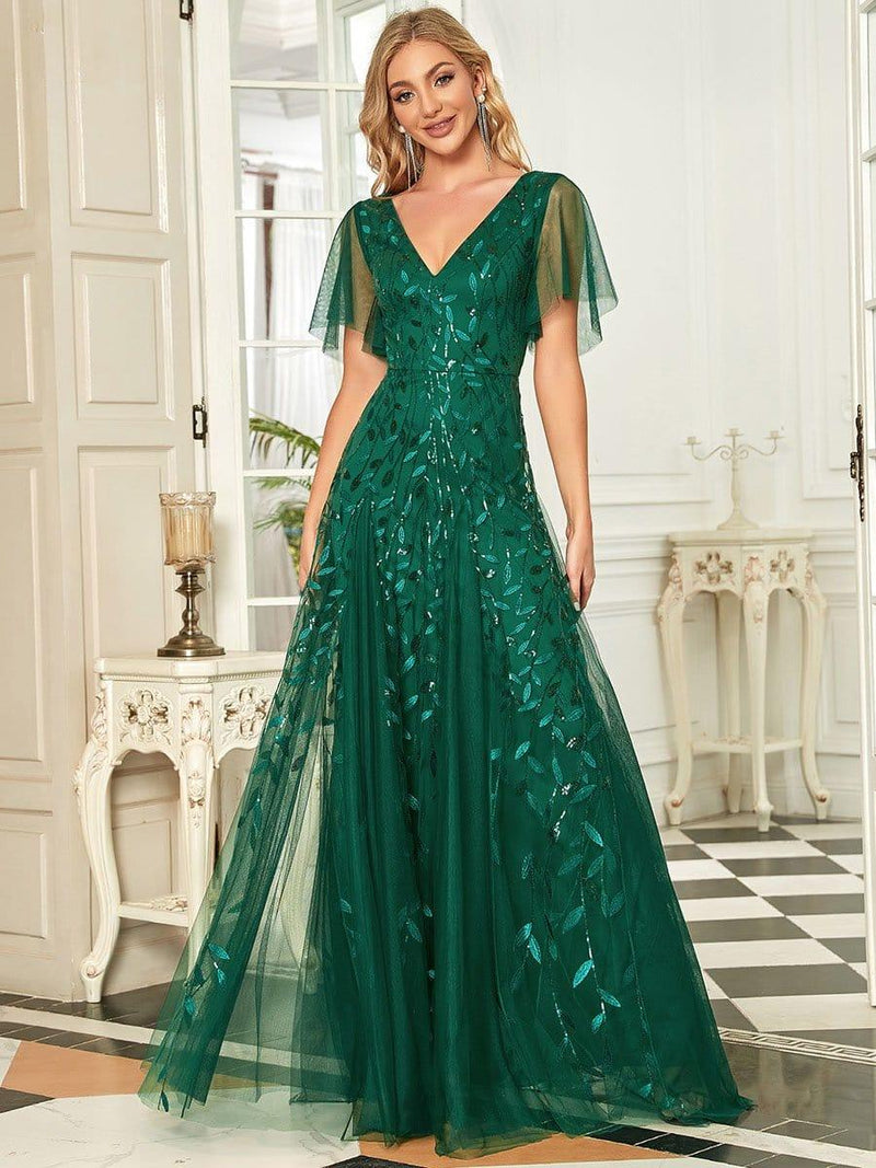 ever ASTRAL|Shimmery Ruffle Sleeves Maxi Sequin Evening Dress