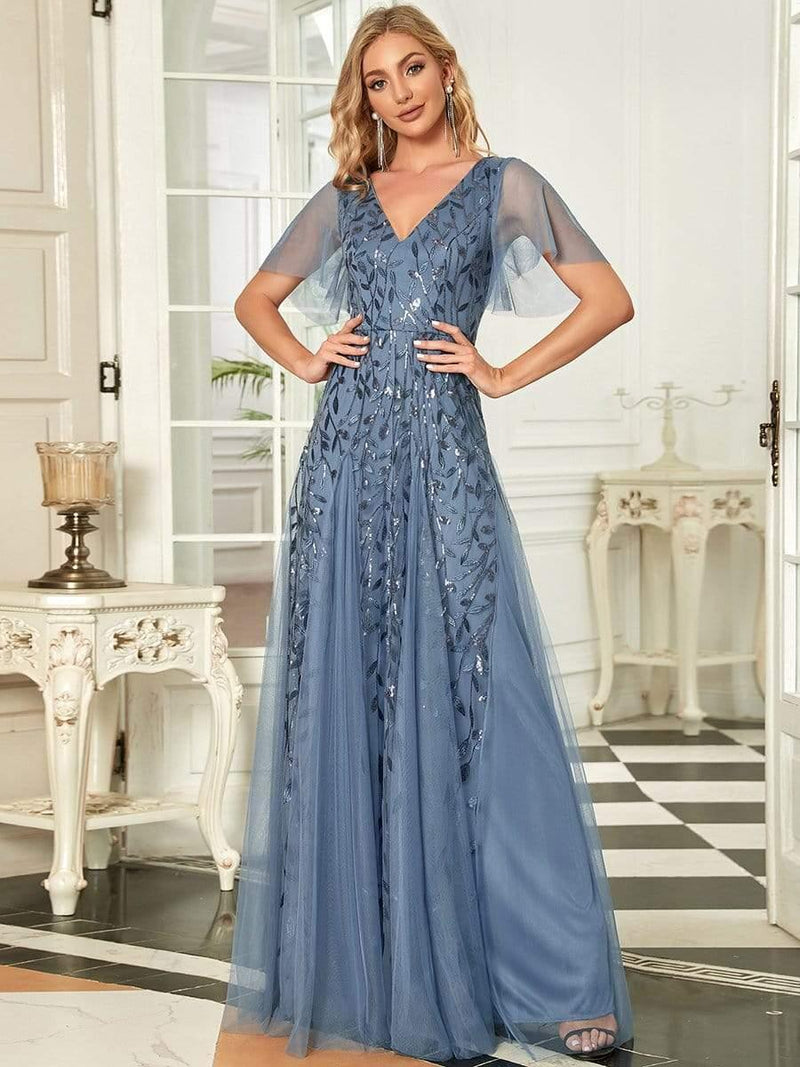 ever ASTRAL|Shimmery Ruffle Sleeves Maxi Sequin Evening Dress
