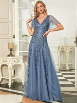 ever ASTRAL|Shimmery Ruffle Sleeves Maxi Sequin Evening Dress