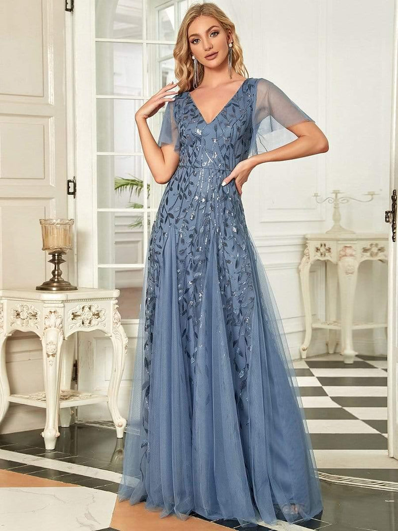 ever ASTRAL|Shimmery Ruffle Sleeves Maxi Sequin Evening Dress