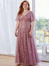 ever ASTRAL|Shimmery Ruffle Sleeves Maxi Sequin Evening Dress