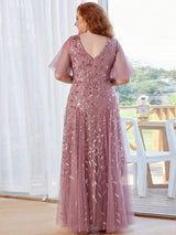 ever ASTRAL|Shimmery Ruffle Sleeves Maxi Sequin Evening Dress