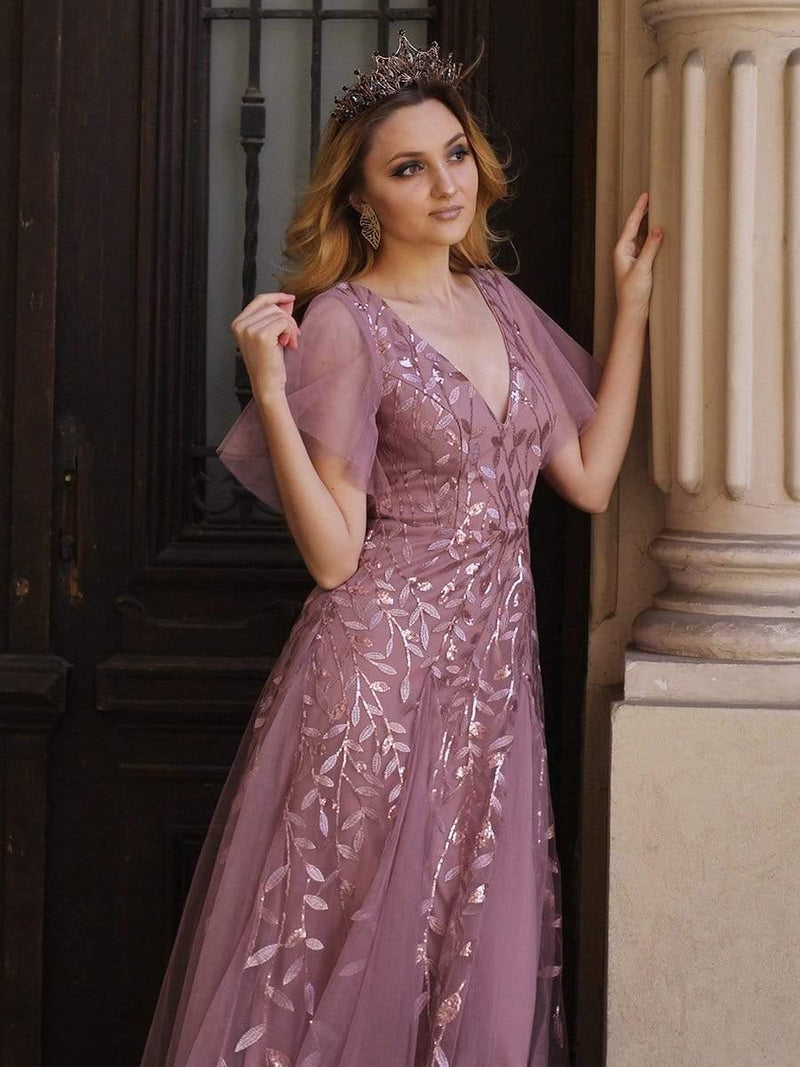 ever ASTRAL|Shimmery Ruffle Sleeves Maxi Sequin Evening Dress