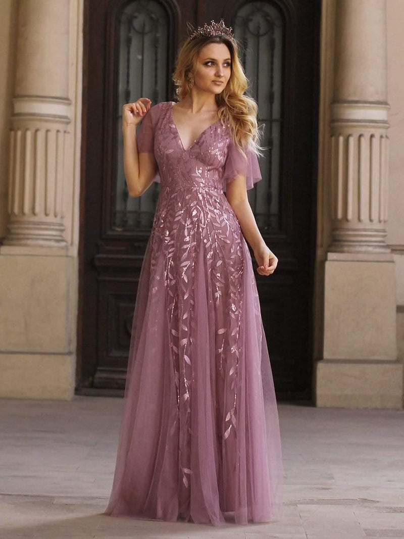 ever ASTRAL|Shimmery Ruffle Sleeves Maxi Sequin Evening Dress