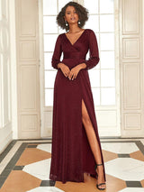 Women's Sexy Long Sleeve V-Neck Shiny Evening Dress