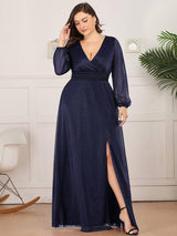 Plus Size V-Neck Shiny Puff Sleeve Evening Dress for Women