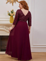 pretty LUENA|Plus Size V Neck A-Line Sequin Formal Evening Dress with Sleeve