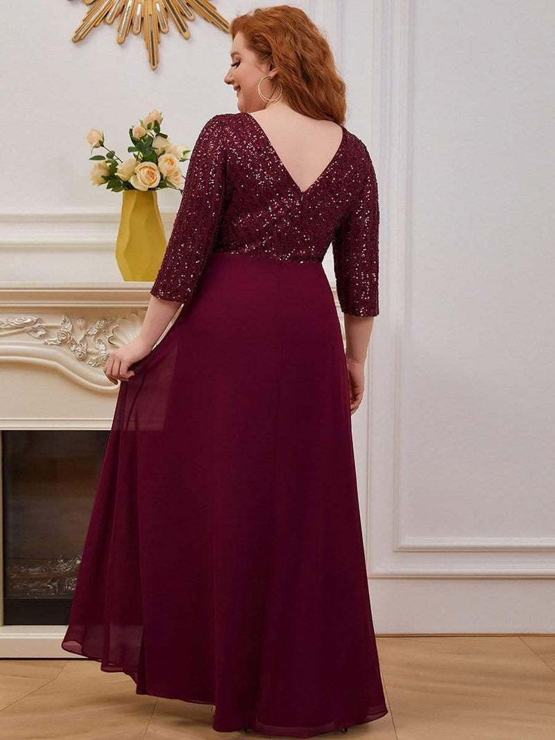 pretty LUENA|Plus Size V Neck A-Line Sequin Formal Evening Dress with Sleeve