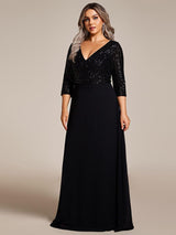 ever LUENA|Sexy V Neck Sequin Evening Dresses with 3/4 Sleeve