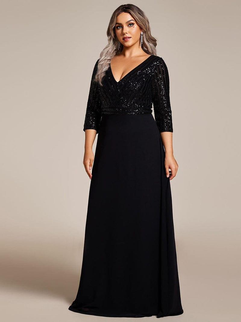 ever LUENA|Sexy V Neck Sequin Evening Dresses with 3/4 Sleeve