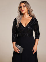 ever LUENA|Sexy V Neck Sequin Evening Dresses with 3/4 Sleeve