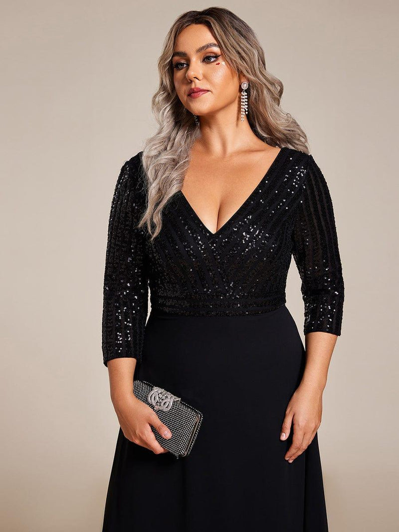 ever LUENA|Sexy V Neck Sequin Evening Dresses with 3/4 Sleeve