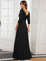 ever LUENA|Sexy V Neck Sequin Evening Dresses with 3/4 Sleeve