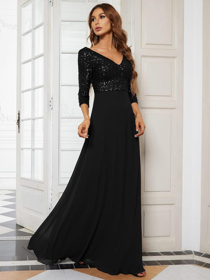 ever LUENA|Sexy V Neck Sequin Evening Dresses with 3/4 Sleeve