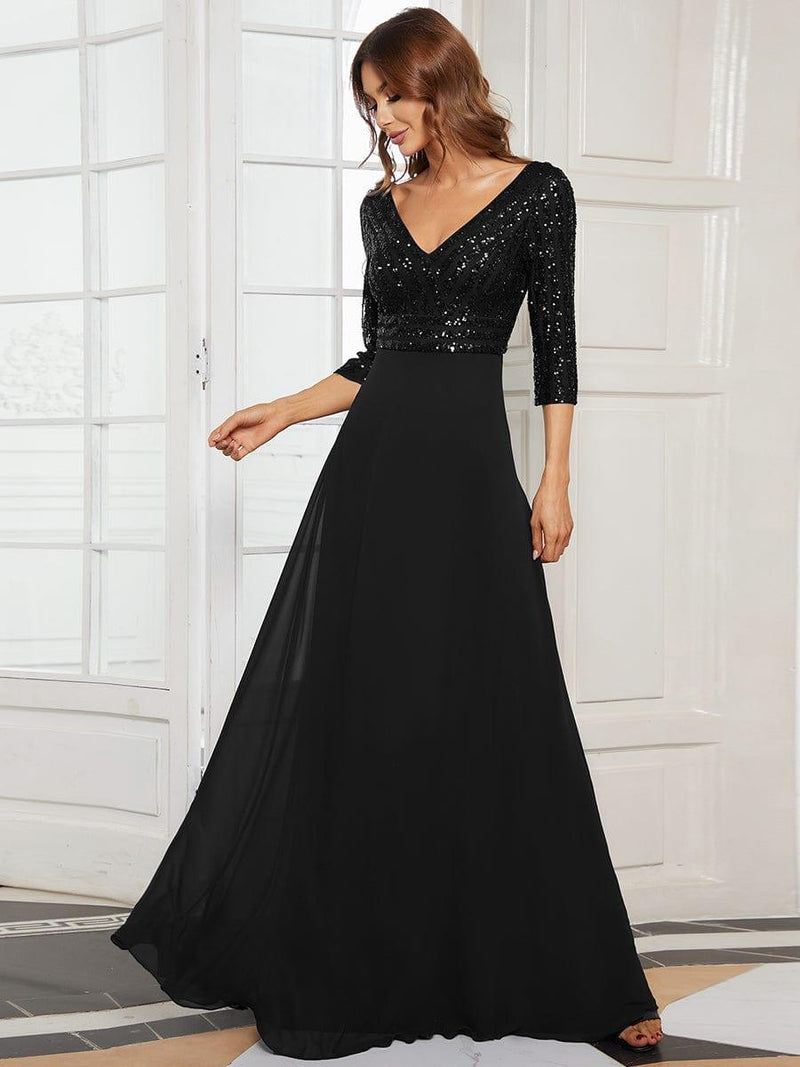 ever LUENA|Sexy V Neck Sequin Evening Dresses with 3/4 Sleeve