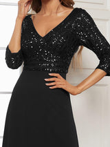 ever LUENA|Sexy V Neck Sequin Evening Dresses with 3/4 Sleeve