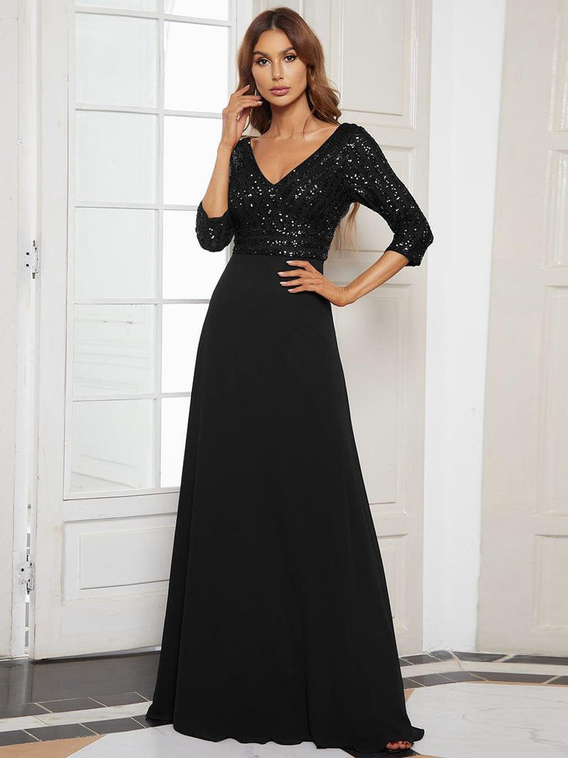 ever LUENA|Sexy V Neck Sequin Evening Dresses with 3/4 Sleeve
