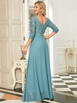 ever LUENA|Sexy V Neck Sequin Evening Dresses with 3/4 Sleeve