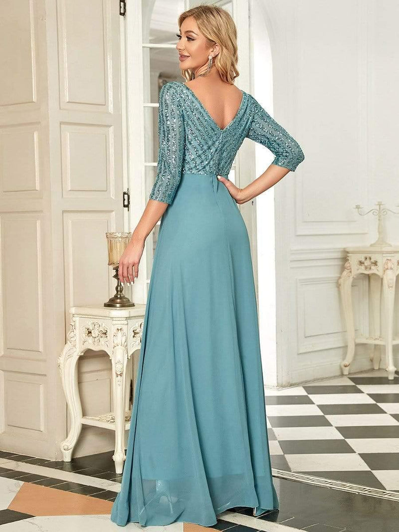 ever LUENA|Sexy V Neck Sequin Evening Dresses with 3/4 Sleeve