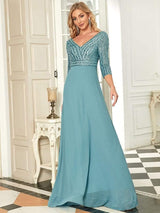 ever LUENA|Sexy V Neck Sequin Evening Dresses with 3/4 Sleeve