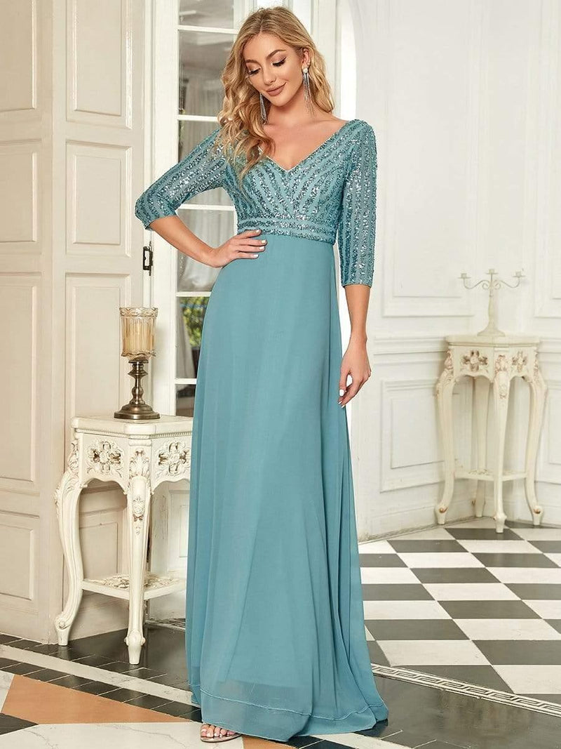 ever LUENA|Sexy V Neck Sequin Evening Dresses with 3/4 Sleeve
