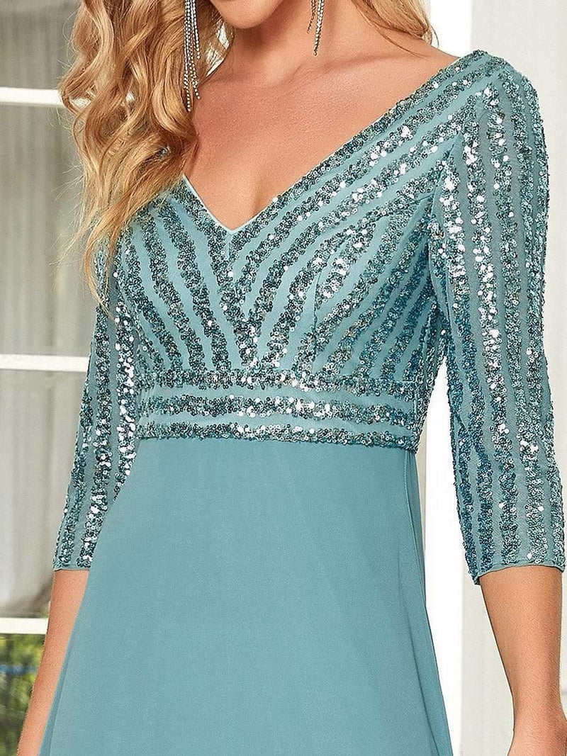 ever LUENA|Sexy V Neck Sequin Evening Dresses with 3/4 Sleeve
