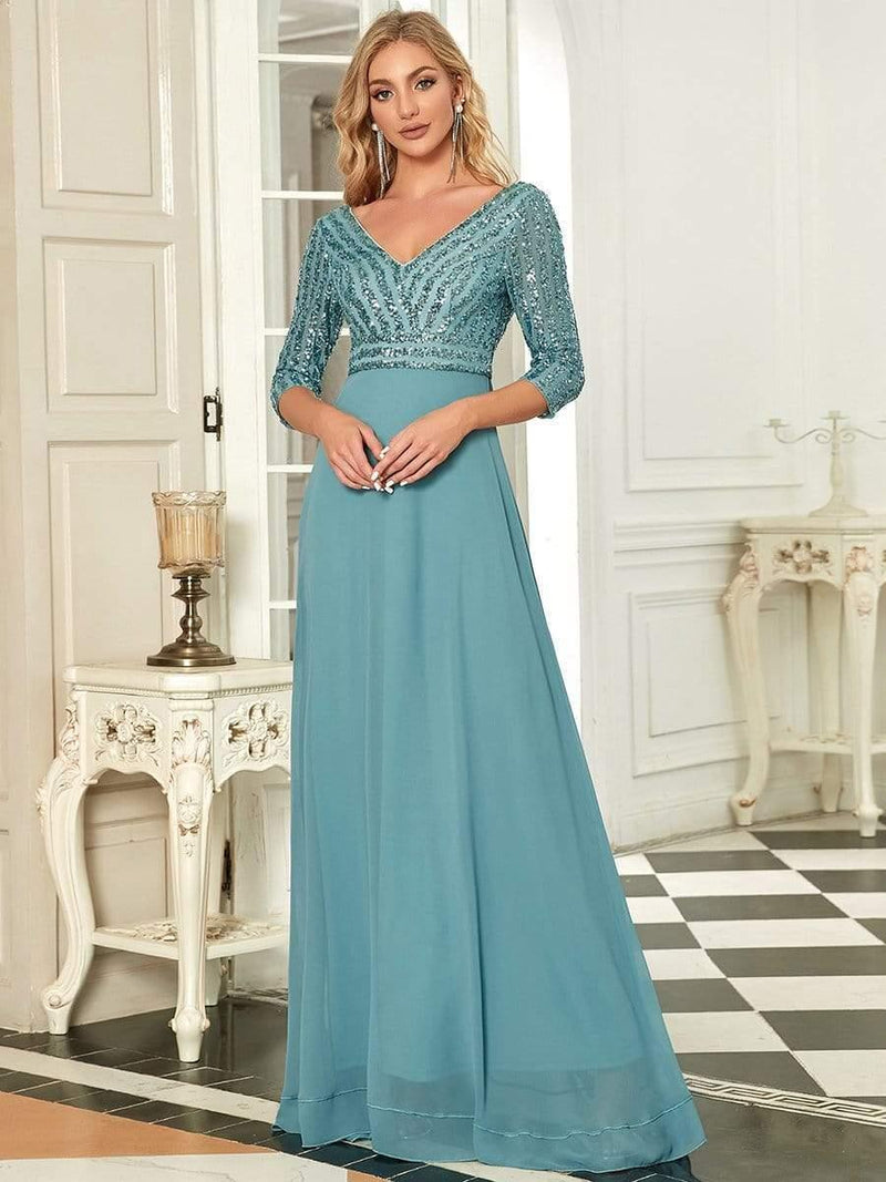 ever LUENA|Sexy V Neck Sequin Evening Dresses with 3/4 Sleeve