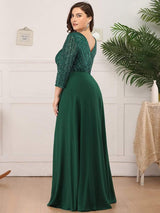 ever LUENA|Sexy V Neck Sequin Evening Dresses with 3/4 Sleeve