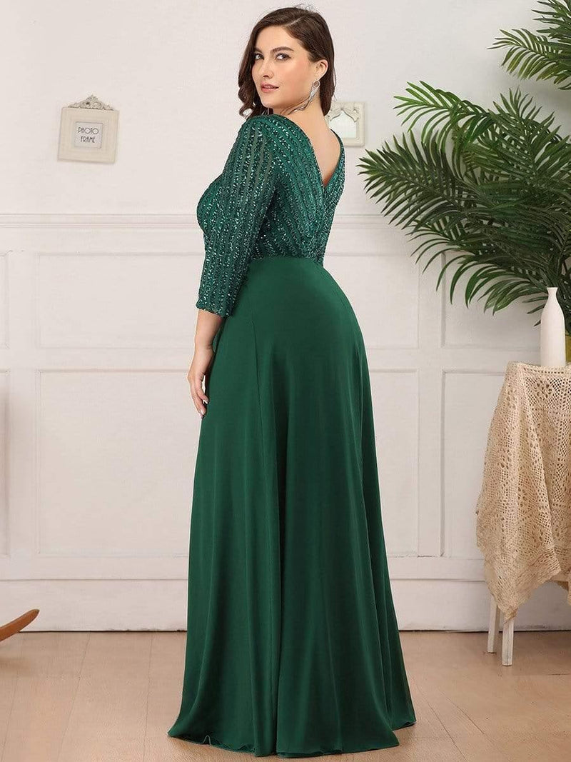 ever LUENA|Sexy V Neck Sequin Evening Dresses with 3/4 Sleeve