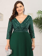 ever LUENA|Sexy V Neck Sequin Evening Dresses with 3/4 Sleeve