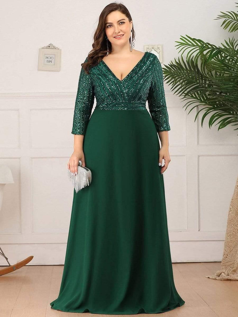 ever LUENA|Sexy V Neck Sequin Evening Dresses with 3/4 Sleeve