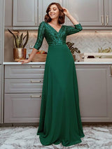 ever LUENA|Sexy V Neck Sequin Evening Dresses with 3/4 Sleeve