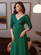 ever LUENA|Sexy V Neck Sequin Evening Dresses with 3/4 Sleeve