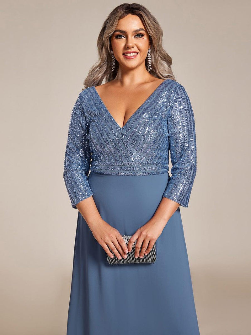 ever LUENA|Sexy V Neck Sequin Evening Dresses with 3/4 Sleeve