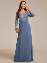 ever LUENA|Sexy V Neck Sequin Evening Dresses with 3/4 Sleeve