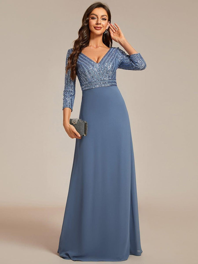 ever LUENA|Sexy V Neck Sequin Evening Dresses with 3/4 Sleeve