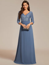 ever LUENA|Sexy V Neck Sequin Evening Dresses with 3/4 Sleeve
